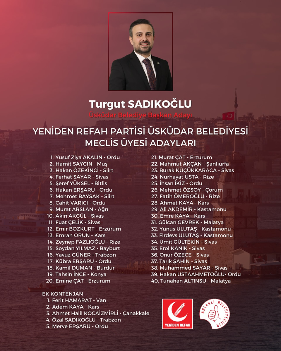 Yeniden Refah Partisi skdar Belediye Bakan Aday Turgut Sadkolu'nun belediye meclis yesi aday listesi