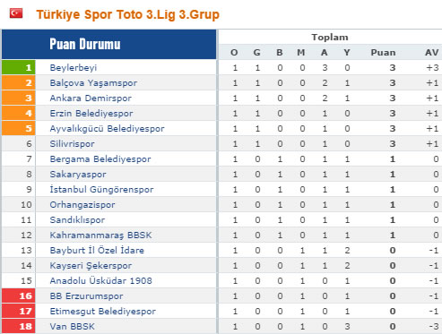 Spor Toto 3. Lig 1. Hafta Puan Durumu