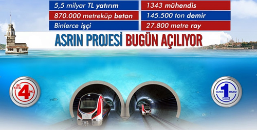 Trkiye'nin 153 yllk ryas Marmaray, Cumhuriyetin ilann 90. ylnda Cumhurbakan Abdullah Gl, Babakan Recep Tayyip Erdoan ile Japonya Babakan Shinzo Abe ve Romanya Babakan Victor Ponta'nn yan sra 8 lkeden 9 bakann katlmyla hizmete alacak.