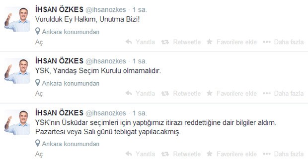 Üsküdar Belediye Başkan Adayı İhsan Özkes, önceki gece Twitter hesabından yerel seçimlerin iptali için YSK'ya yaptıkları itirazın reddedildiğini duyurdu.