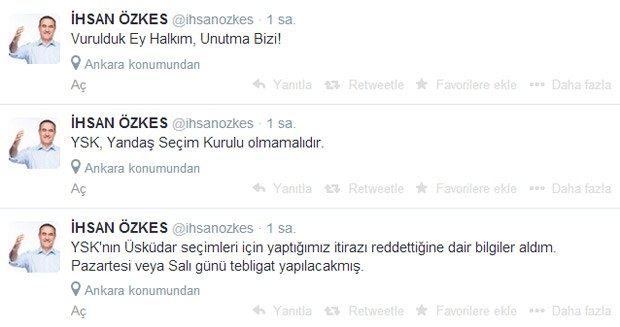 skdar Belediye Bakan Aday hsan zkes, nceki gece Twitter hesabndan yerel seimlerin iptali iin YSK'ya yaptklar itirazn reddedildiini duyurdu.