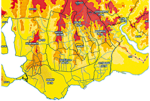 Haritada, hangi ileye ka metre izin verilecei grlyor. Kkekmece'de 135 metreye kadar izin var.