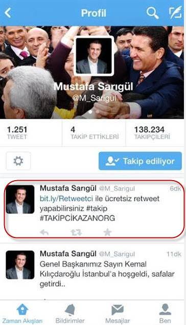 Sarıgül'ün hesabından otomatik atılan takipçi kazan twiti :)