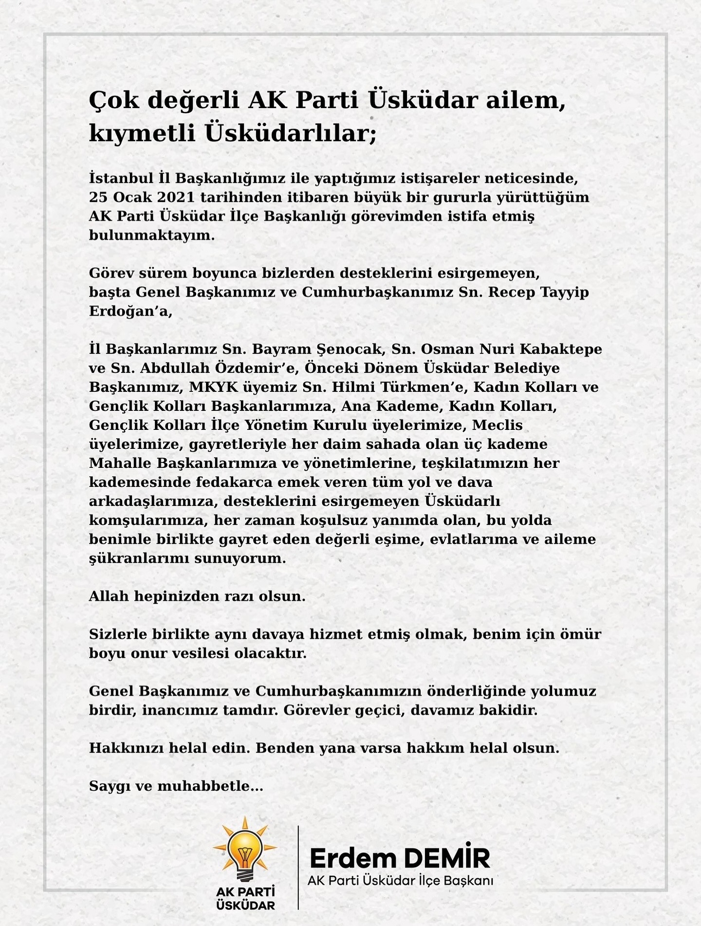 skdar AK Parti'de srpriz istifa! Haberi Sosyal Medya hesabndan duyurdu
