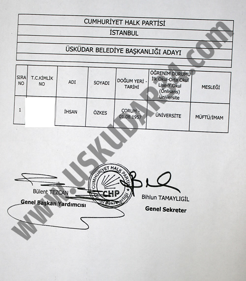 30 Mart 2014 CHP Üsküdar Belediye Meclis Üyeleri Tam Listesi
