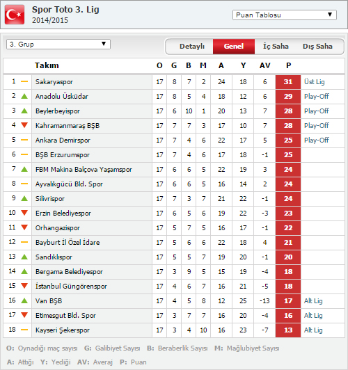 TFF 3. Lig 3. Grup 17. hafta puan durumu