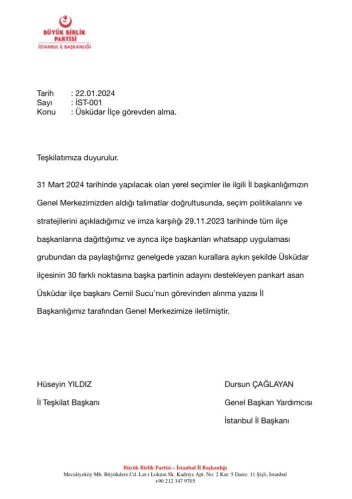 skdar Byk Birlik Partisi (BBP) ile bakan Cemil Sucu'nun skdar'n 30 farkl noktasna AK Parti Belediye Bakan aday Hilmi Trkmen'e destek pankart astrmasnn ardndan BBP Genel Merkezi tarafndan skdar le Bakan Cemil Sucu'nun grevine son verildi.