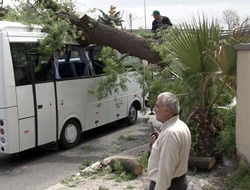 Servis otobs devrilen aacn altnda kald